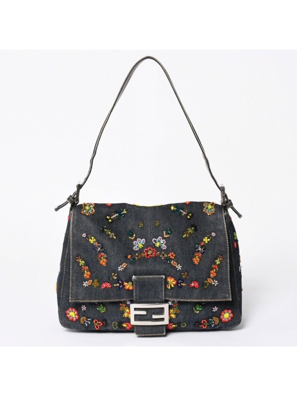 Fendi Mamma Baguette Bag Flower Motif Beads Denim Navy Silver